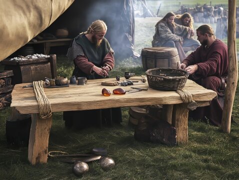raditional Celtic Traders Inspecting Amber Bronze Jewelry and Iron Tools
