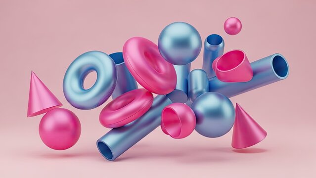Abstract composition of 3 d geometric shapes in pink and blue on pink backdrop