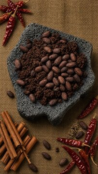 Flat Lay Basalt Volcanic Stone Metate Grinding Cacao Beans Into Paste With Cinnamon And Chilis