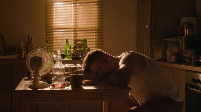 Middle aged Caucasian man sleeping passed out on table beside liquor bottles after binge drinking. Ideal for addiction recovery, substance abuse awareness, and healthcare advertising