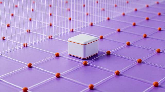 White cubic device on purple grid with orange nodes