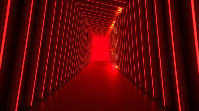 Infinite Red Tunnel: An endless corridor illuminated by vibrant red neon lights creates a sense of infinite depth and futuristic mystery.