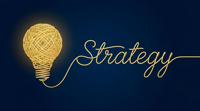 Golden wire light bulb and strategy text on dark blue background