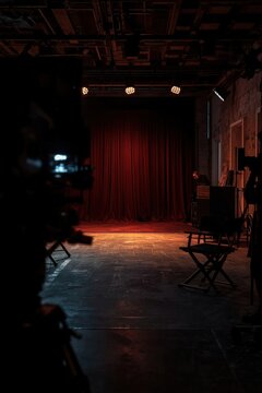 View from behind a film camera on a dark theater stage with red curtain background filming production movie set stage lighting performance venue camera equipment behind the scenes stage design