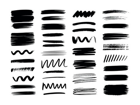 Set of bold dried brush strokes on white background. Hand drawn ink lines, textured paint smears, scribbles and zigzag underlines. Brush strokes, stencil silhouettes. Vector set - acrylic textures
