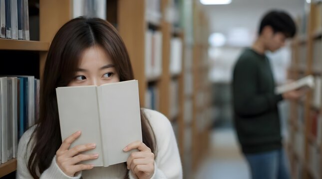 Woman Holding Book to Cover Face While Peeking at Man in Library