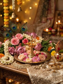 Devotional still life arrangement with roses, lotus, peacock feathers and sweets for Radha Krishna puja on decorated altar