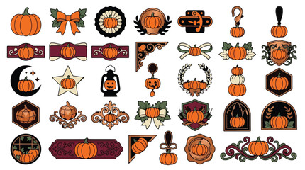 Fototapeta premium Vintage Halloween Pumpkin vector elements collection. Retro autumn festival design set. Ornate labels, ribbons and decorations. Harvest party graphics. isolated PNG with Transparent Background