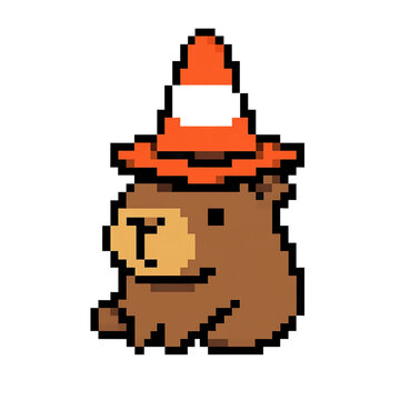 Retro 8-bit style digital art of a funny capybara sitting with a traffic cone hat, game asset concept.