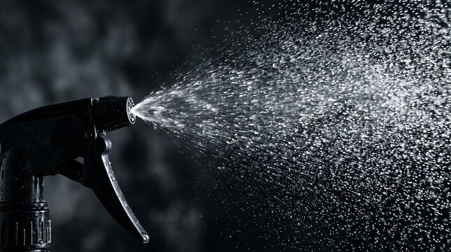 Water spray nozzle releasing fine mist, black spray bottle head with liquid droplets, dramatic dark background for cleaning or gardening
