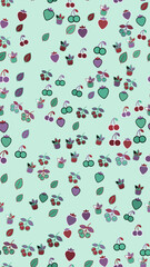 Seamless pattern of stylized strawberries, cherries, and leaves
