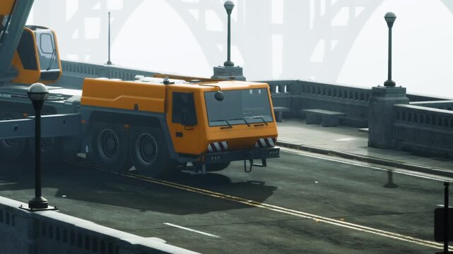 A large orange vehicle is positioned on a bridge shrouded in fog, creating a mysterious atmosphere. The quiet scene captures a moment of transition and possibility as work begins.