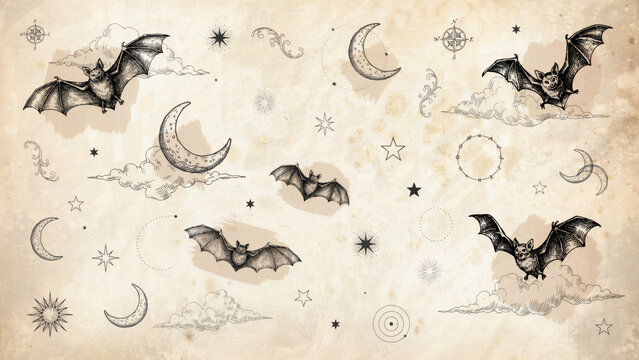 Vintage Bats and Moon Halloween Seamless Pattern