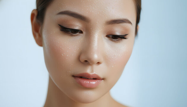 Photorealistic close-up portrait of a pure and luminous female beauty model