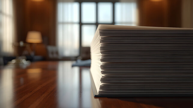 Stack of Papers on a Desk: A thick stack of documents rests on a polished wooden desk, with a lamp and window blurred in the background, suggesting a focused work environment.