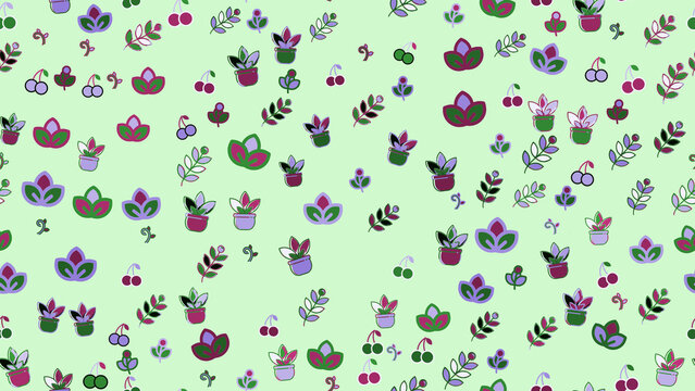 Stylized Potted Plants and Cherries Pattern