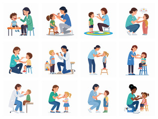 Fototapeta premium Pediatrician Examining Children Throats Flat Vector Medical Checkup Set