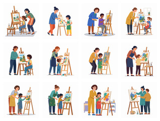 Fototapeta premium Art Teacher Mentoring Children Painting On Easels Illustration Set