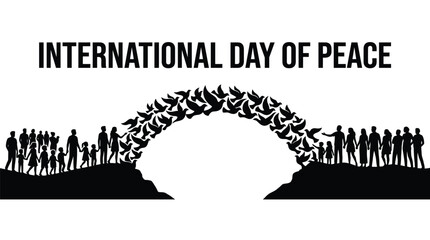 Fototapeta premium International day of peace silhouette design featuring diverse people and soaring doves forming arched shape bridge