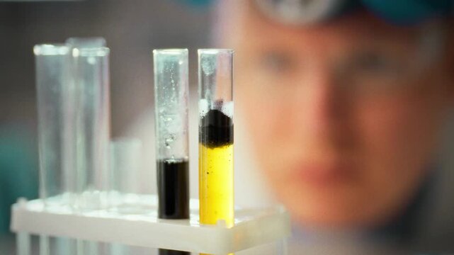In a lab, a scientist watches a liquid precipitate during his experiment, noting crystal formation and reaction dynamics. The careful observation highlights analytical precision in chemical research