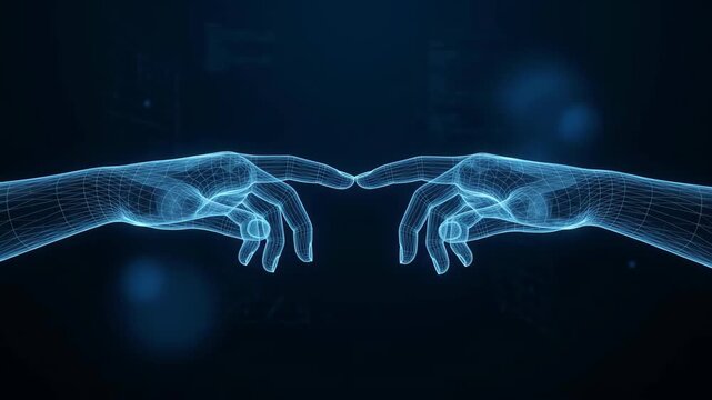 Digital hand connecting through blue technology wireframe network