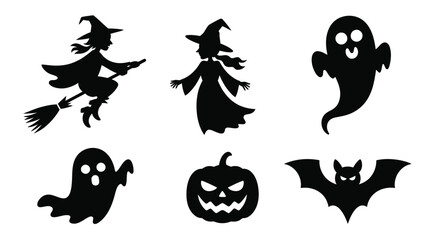 Fototapeta premium A set of six halloween featuring black silhouettes of a witch on a broomstick, a standing witch, a ghost, a second ghost, a jack-o-lantern, and a bat, isolated on white