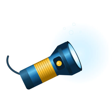Underwater diving flashlight torch with lanyard and blue beam on transparent background