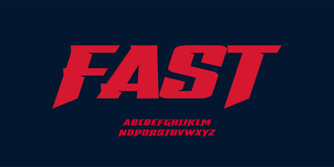 Fototapeta premium Fast Font Action Sport Logo Alphabet Sharp Bold Italic Letter Set Red Typography, Sporty Typographic Design for Combat Title, Race Poster Headline, Speed Racing Logotype. Energy Vector Typeface