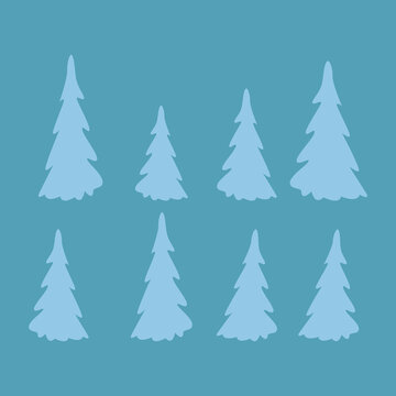 Light blue pine tree forest silhouettes arranged in groups of varying sizes on a teal background, forming a winter nature pattern.