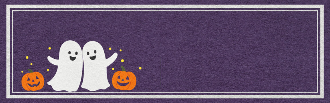 Cute ghosts hugging with pumpkin jack o lantern on violet textured paper background. Halloween web banner template with copy space