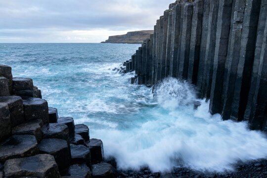 Waves crash against basalt columns along a rugged coastal formation under an overcast sky.