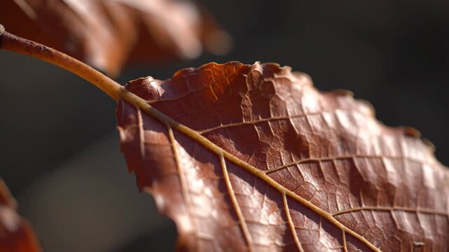 Weathered reddish brown autumn leaf with a strong central vein and branching ribs, catching light across curled dry tissue, ragged edges and translucent surface detail in a cinematic macro view