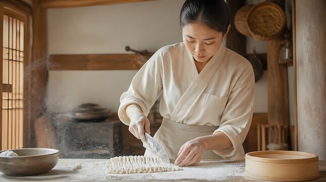 Young Woman in Traditional Korean Clothing Preparing Handmade Noodles