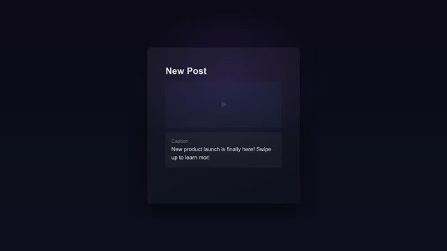 Social media interface uploading video and publishing post with caption, motion graphics isolated on solid background.