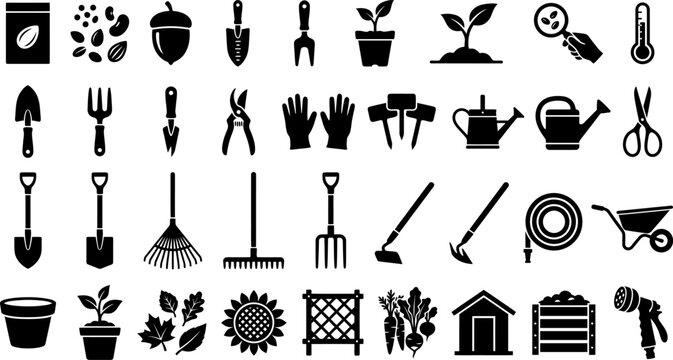 Collection of gardening icons including tools, plants, seeds, and watering equipment