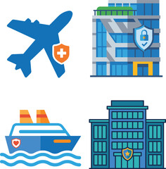 Obraz premium Set of flat vector icons depicting travel insurance and building protection concepts