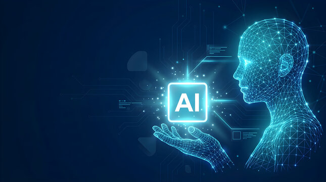 Artificial Intelligence Technology Concept with Glowing Wireframe Human Head and Hand