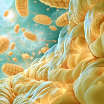 Mitochondrial ATP synthesis occurs in the cellular organelles shown in soft yellow and teal. The electron transport chain functions within this space.