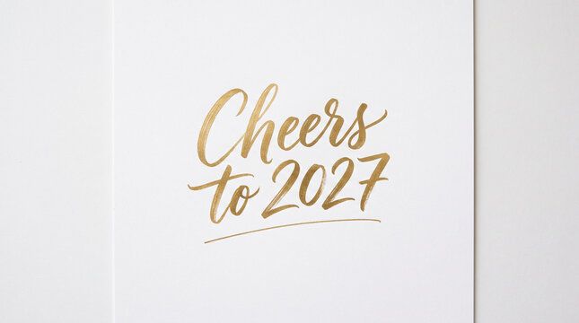 Gold calligraphy text saying cheers to 2027 written on a plain white paper background surface with ink handwritten calligraphy centered clean white reading cheers
