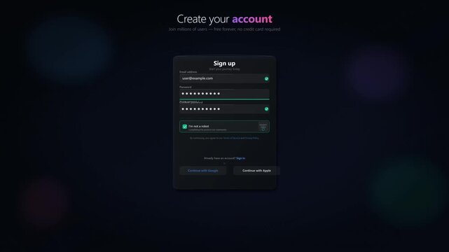 User registration form animation on dark background, static shot