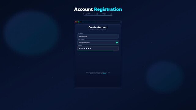 Digital Account Registration Form Animation Filling Out User Details on Dark Blue Background