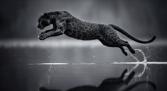 Black Panther Leaping Gracefully Across Reflective Water Surface In Mist