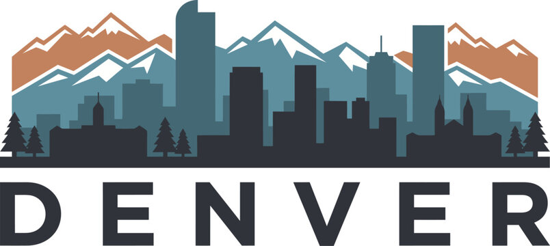 Modern denver city skyline illustration with mountains and trees