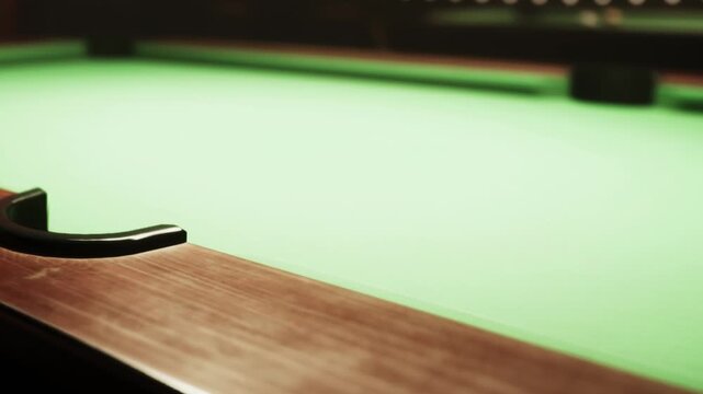 A vibrant green felt pool table sits in a bustling bar, ready for players to enjoy a game. The wooden edges frame the scene, inviting competition and camaraderie among friends.