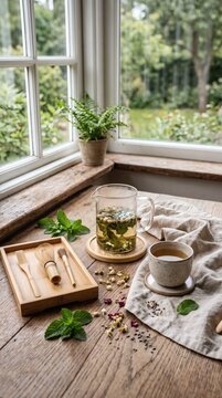 Fresh herbal tea served on a rustic wooden table by a bright window.