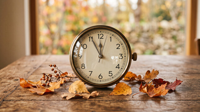 clock change time shift concept with autumn leaves on table