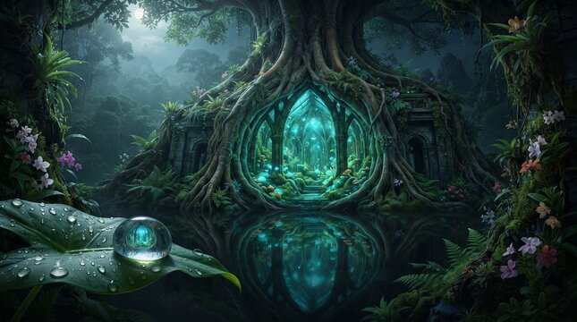 Mystical fantasy forest tree portal, glowing magical woodland sanctuary, ethereal enchanted jungle landscape with pond