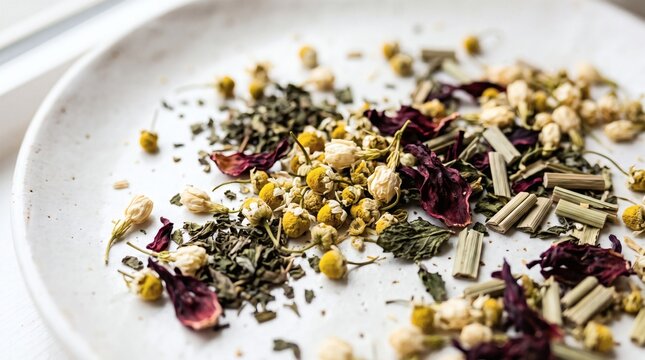 A close up view of dried herbal tea ingredients including chamomile flowers and hibiscus leaves on a white plate.