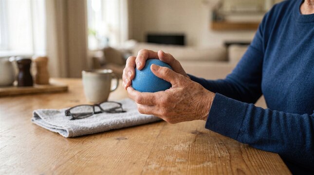 Older adult completing gentle hand therapy with a soft exercise ball, showing arthritis pain relief, finger mobility, grip rehabilitation and practical daily joint care at home.