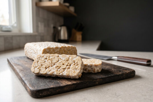 Sliced Tempeh on a Wooden Cutting Board in a Kitchen